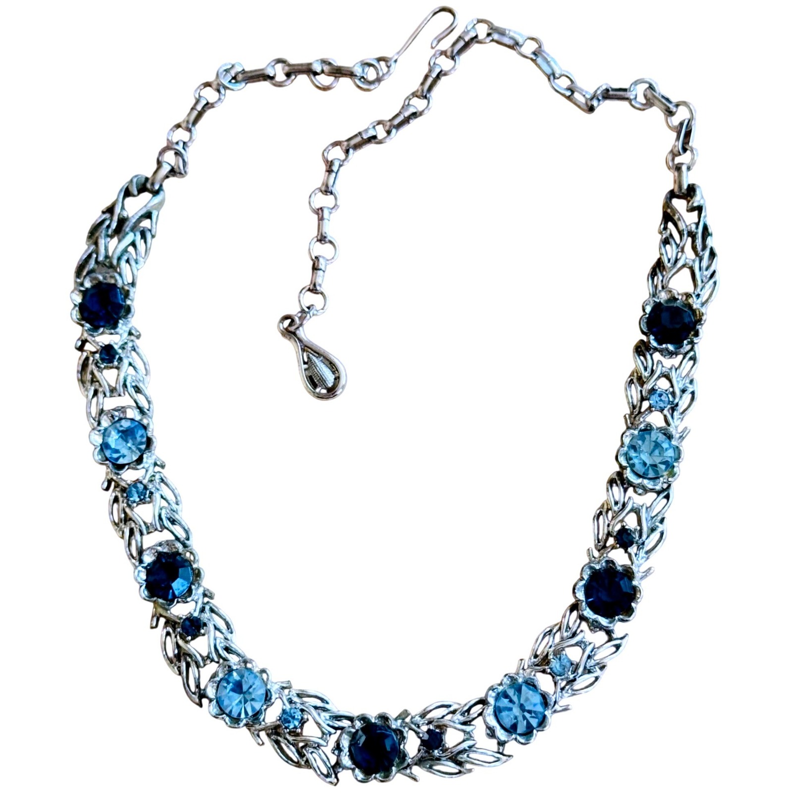 Flower Jeweled Necklace Vtg Coro Blue Crystal Rhinestone Silver Choker 50s 17